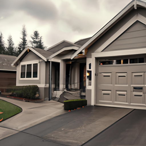 Residential sectional garage door on a Woodinville home with damp driveway and Pacific Northwest landscaping
