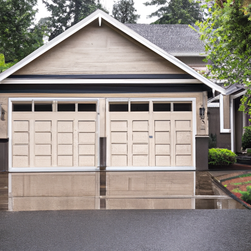 Modern paneled garage door on a craftsman home in Woodinville on a damp overcast day
