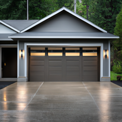 Woodinville suburban home with a visible garage door, smart hub visible through window, damp PNW lighting