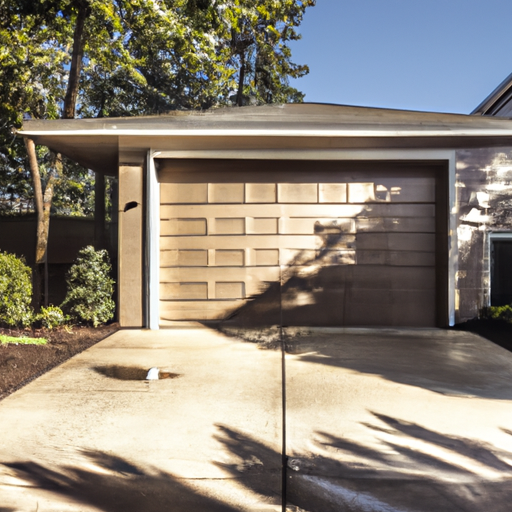 Suburban Woodinville garage with modern paneled door, cedar siding, and wet-season light; driveway and landscaping visible.
