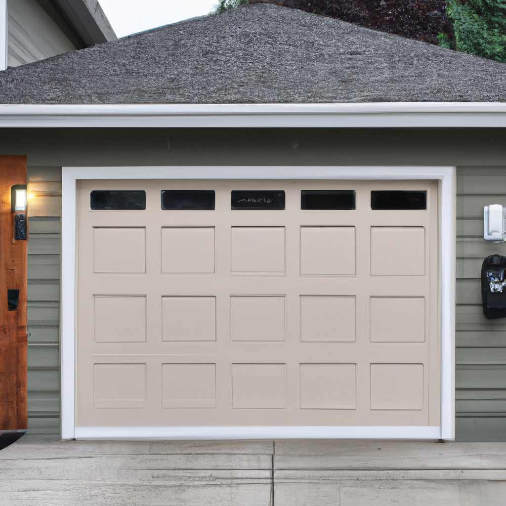 Suburban Woodinville garage door with a mounted smart home control panel by the entrance