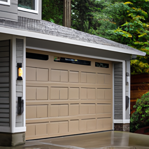 Woodinville suburban home with modern sectional garage door ajar on an overcast morning; tracks and panels visible.