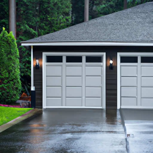Modern insulated garage door on a Woodinville driveway at dawn with wet pavement and evergreen backdrop.