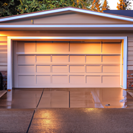 Modern insulated sectional garage door on a Woodinville home at golden hour, smart keypad visible, wet pavement, no people.