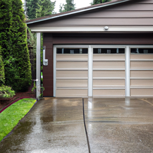 Woodinville suburban garage with a modern sectional door, wet pavement and evergreen landscaping, overcast sky.