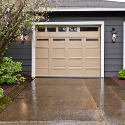 Closed suburban garage door in Woodinville, WA with new weather seals and wet driveway on an overcast day.