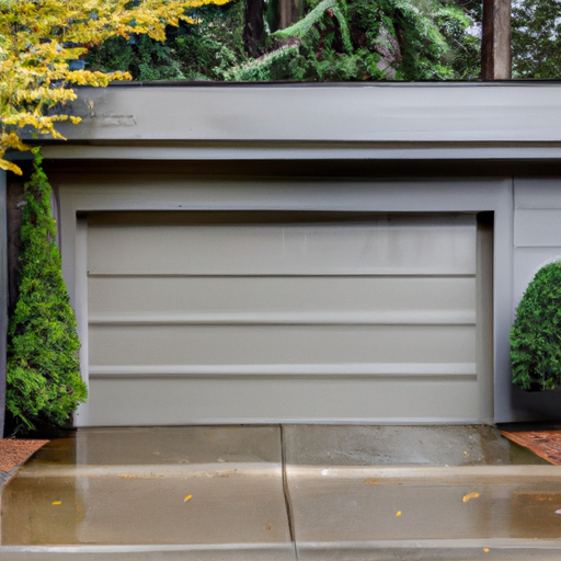 Residential garage door on a damp Woodinville street with wet pavement and surrounding cedar trees, steel panels visible.