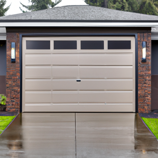 Insulated modern garage door on a Woodinville home exterior with evergreen landscaping on an overcast day