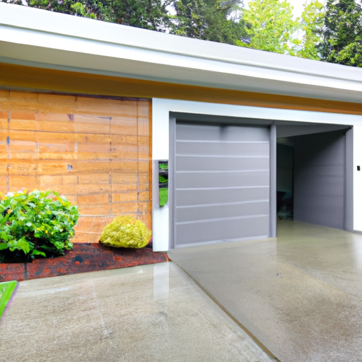 Woodinville residential garage with modern sectional door partially open, smart keypad visible, wet driveway and evergreen landscaping.