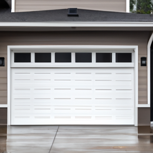 Suburban Woodinville garage exterior with sectional garage door, damp driveway, and evergreen backdrop.