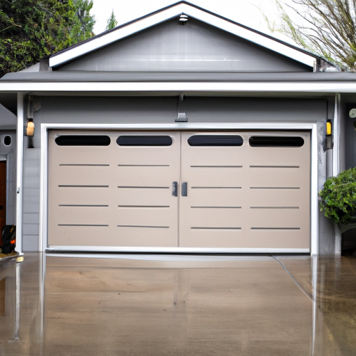 Suburban Woodinville driveway with a modern sectional garage door visible; wet pavement and overcast sky.