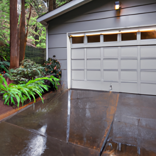 Modern insulated steel garage door partially open on a wet driveway in Woodinville, WA with Pacific Northwest vegetation.