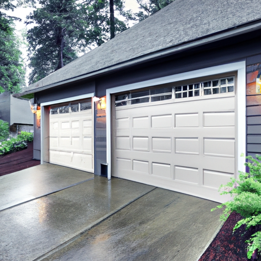 Residential two-car garage door on a Woodinville home with visible tracks and hardware under soft overcast sky