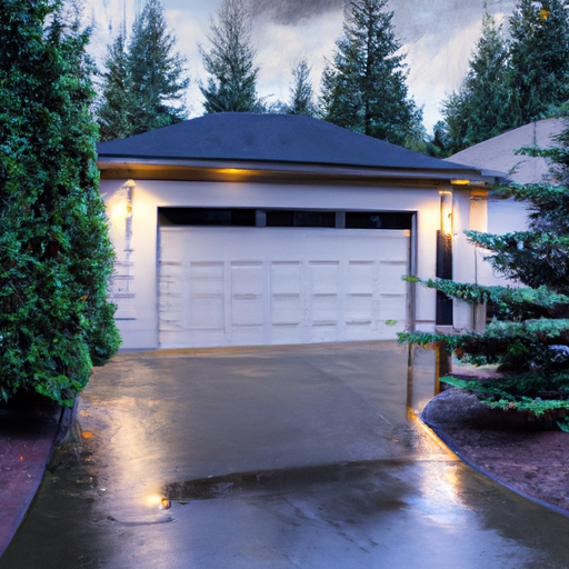 Suburban Woodinville home at dusk with a modern insulated garage door and wet driveway under evergreen trees.