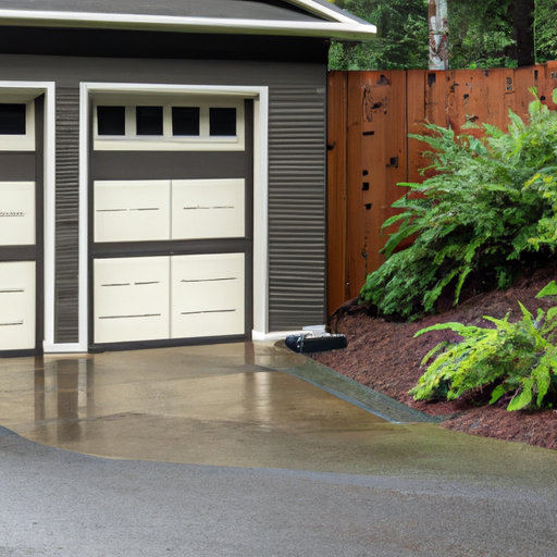 Modern sectional garage door on a suburban Woodinville home with visible tracks and hardware, overcast northwest light.