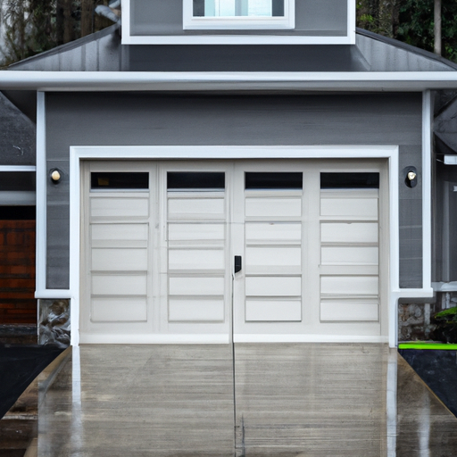 Exterior of a Woodinville home with a modern garage door and visible smart keypad on an overcast day.
