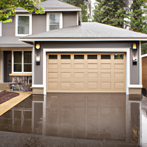 Suburban Woodinville home with a newly installed sectional garage door on an overcast day, driveway wet from rain.