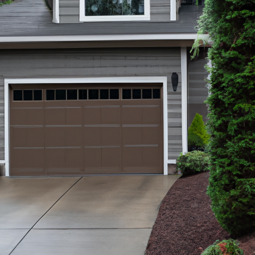 Suburban Woodinville home exterior showing a closed modern garage door under overcast Pacific Northwest sky.