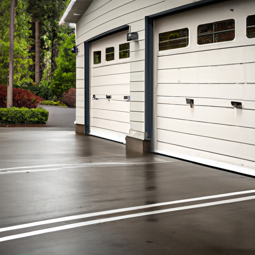 Suburban garage in Woodinville, WA showing a sectional garage door, tracks, and opener rail on a damp daylight morning.