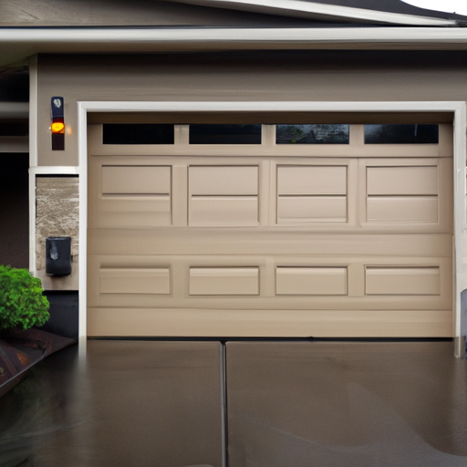 Woodinville suburban garage door closed on a wet driveway with Pacific Northwest shrubs visible.