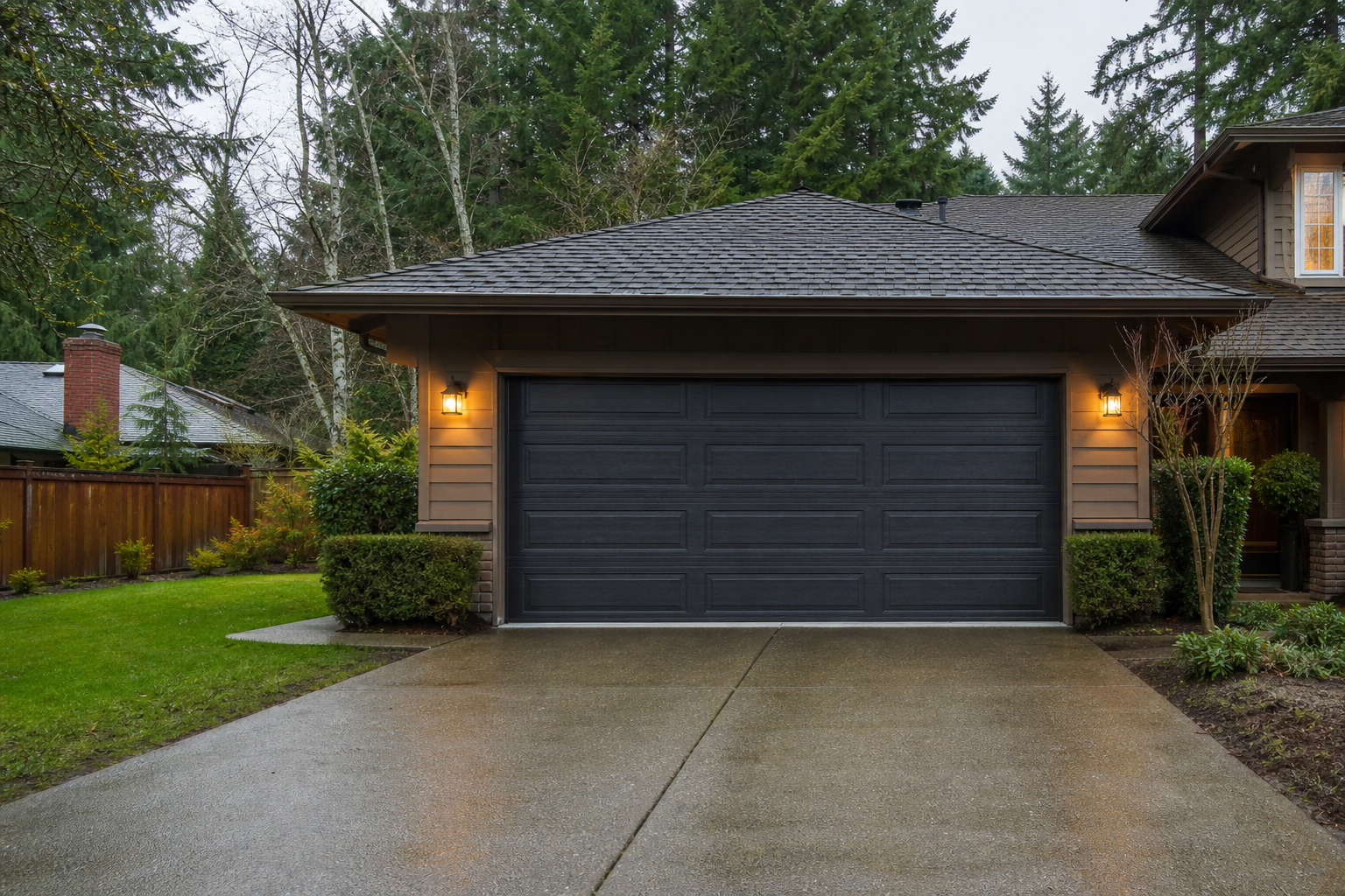 Garage door on a Woodinville home with a clean driveway on an overcast day