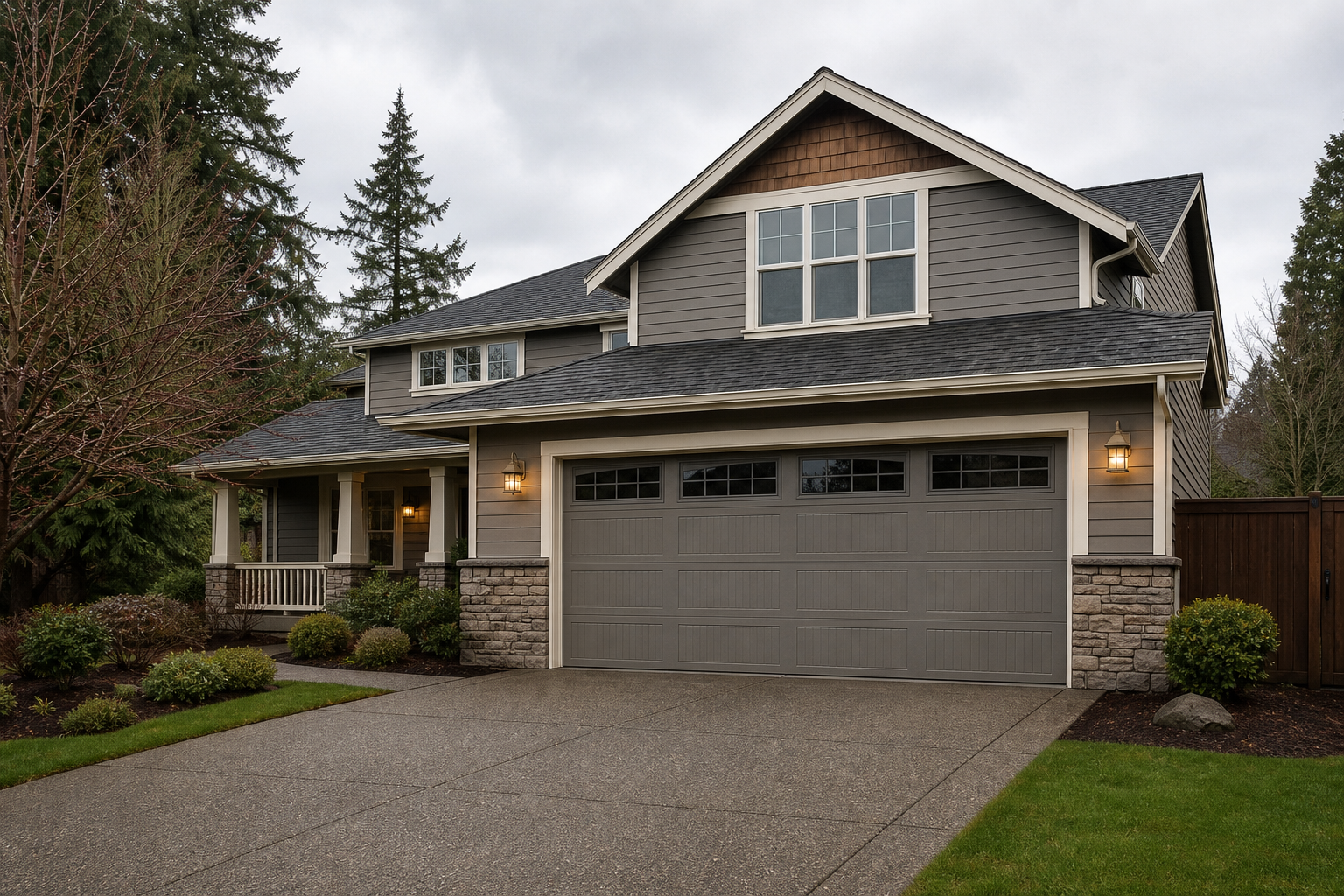 Woodinville home exterior with an attached garage door on a cloudy day
